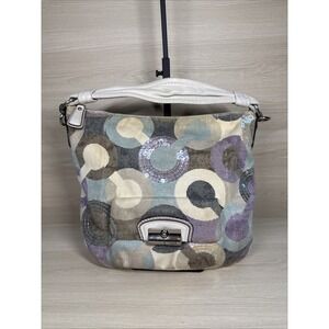 Coach Signature Kristin Hobo Shoulder Bag Sequins Beige Canvas Silver Leather